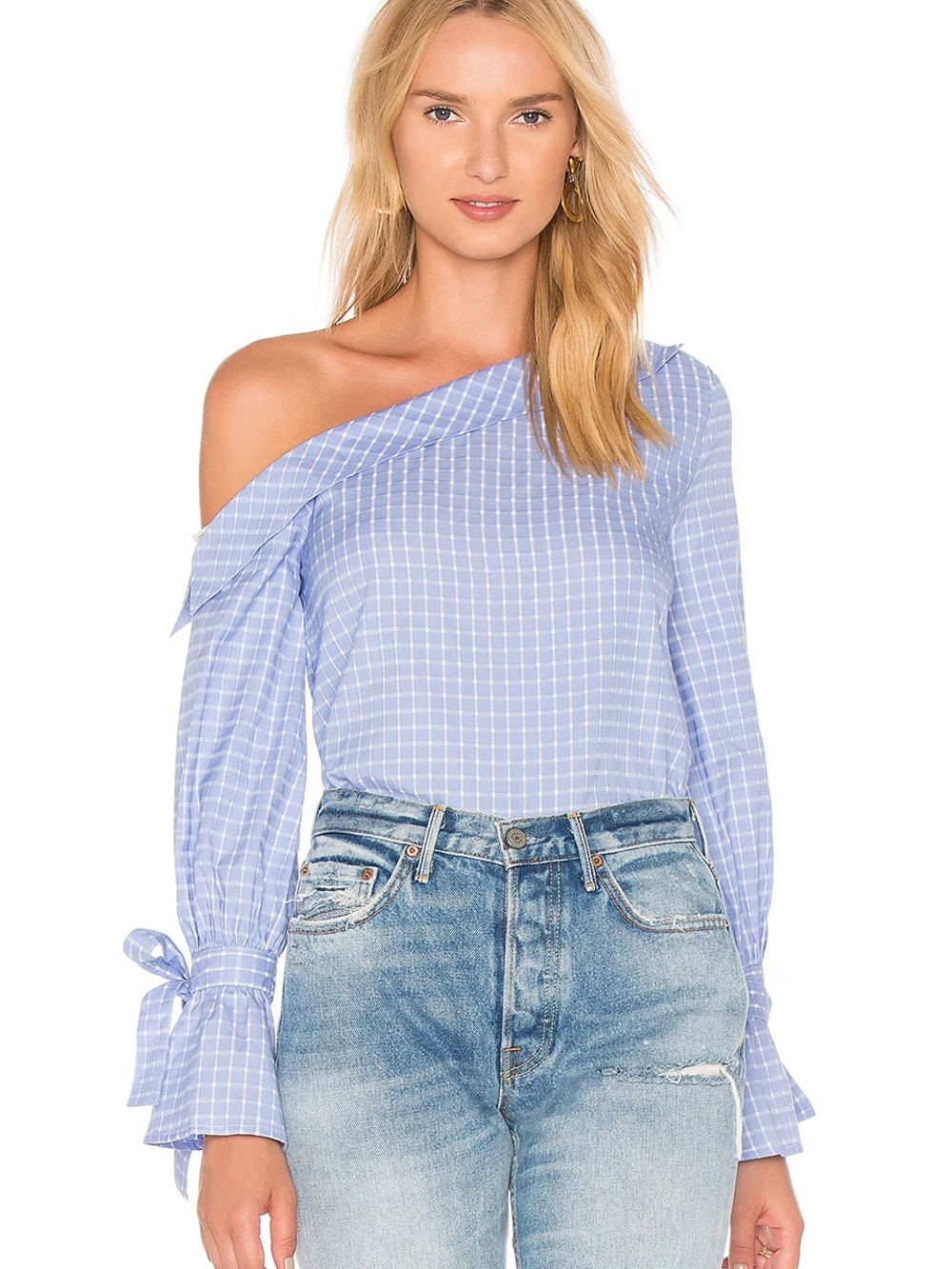 (Revolve) JOA Los Angeles one shoulder layered puff sleeve side tie blue blouse